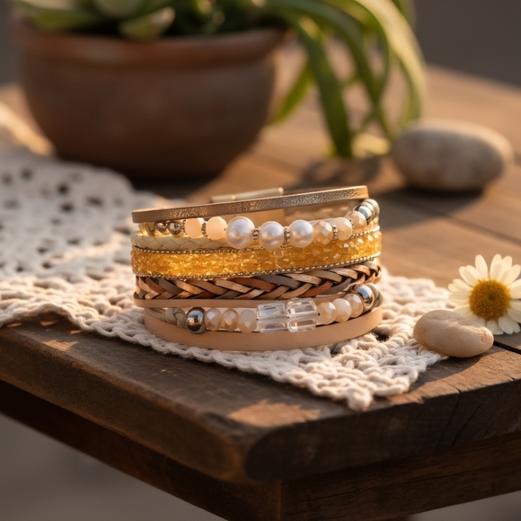 🆕Boho Chic Layered Vegan Leather Magnetic Trendy Bracelet with Faux Pearls - Picture 14 of 17